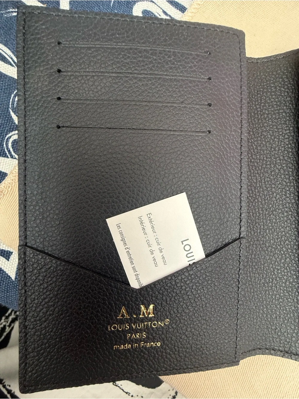 Louis Vuitton Black Textured Leather Card Holder with Gold Foil Stamp